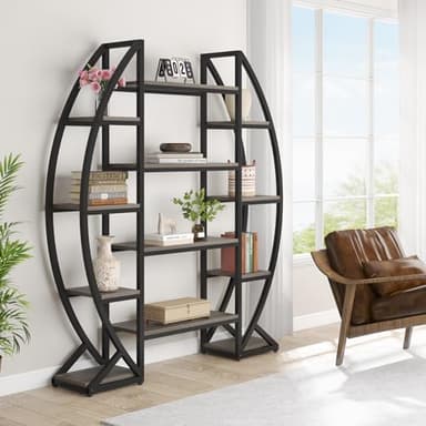 Tribesigns Oval Bookshelf, Triple Wide 5 Tier Etagere Bookcases, Industrial Display Shelves for Living Room (Gray, 55") - Image 7