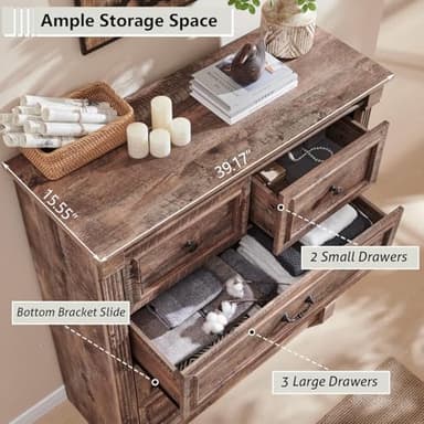 Aitjunz Farmhouse 5 Drawers Dresser for Bedroom, 46" Tall Dressers & Chests of Drawers w/Roman Column, Large Storage Dressers Organizer for Bedroom, Hallway, Living Room, Light Brown - Image 4