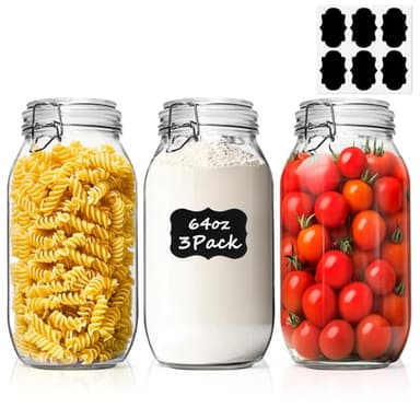 ComSaf Large Glass Jars with Lid 64 oz, Large Mason Jars Set of 3, Glass Canisters with Airtight Lids, Half Gallon Canning Jar with Seal Wire Clip Fastening for Kitchen, Pickle, Flour, Sugar, Cereal - Image 9