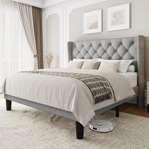 Einhomn Full Size Upholstered Bed Frame with Wingback Headboard, Fabric Linen Platform Bed, 8" Under Bed Storage, Wooden and Metal Slats Support, No Box Spring Needed, Light Grey - Image 1