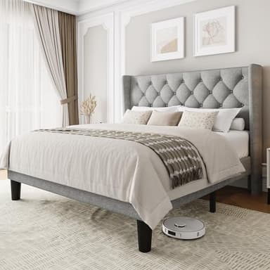 Einhomn Full Size Upholstered Bed Frame with Wingback Headboard, Fabric Linen Platform Bed, 8" Under Bed Storage, Wooden and Metal Slats Support, No Box Spring Needed, Light Grey - Image 1