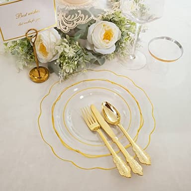 NOCCUR 50Guest Gold Rim Clear Plastic Plates&Disposable Silverware Cups-Include 100Plastic Plates, 150Gold Utensils, 50Cups and 50Napkins-Idea for Wedding&Party - Image 2