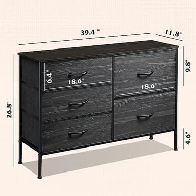 WLIVE Dresser for Bedroom with 5 Drawers, Wide Dressers with Drawer Organizers, Chest of Drawers, Fabric Dresser for Living Room, Closet, Hallway, Charcoal Black Wood Grain Print - Image 3