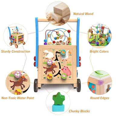 WOODMAM 9-in-1 Wooden Activity Cube | Wooden Baby Walker, Sit-to-Stand Learning Walker Activity Center, Early Educational Push & Pull Toys for Baby Toddler Boys Girls, Height & Brake Adjustable - Image 7