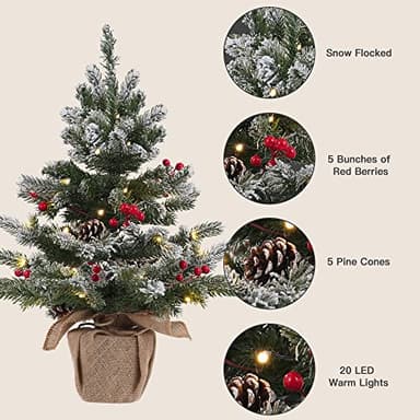 24 Inch 2 FT Pre-lit Snowy Mini Christmas Tree, DECSPAS Small Tabletop Flocked Christmas Tree with 20 LED Lights Red Berries Pine Cones and Cloth Bag Base Xmas Decorations for Holiday Party (Color A) - Image 5