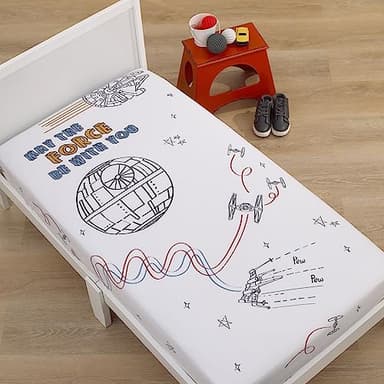 NoJo Star Wars May The Force Be with You White, Blue, and Gold Millennium Falcon and Death Star Photo Op Nursery Fitted Crib Sheet - Image 4