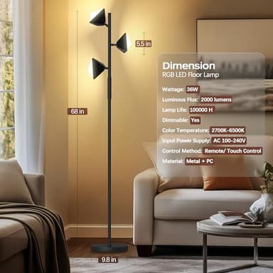 QiMH RGB Floor Lamp for Living Room, 36W LED Standing Lamp with 3 Lights, Dimmable Smart Lamp with Remote & Touch Control, Colors Changing& DIY Mode, Modern Tree Tall Lamp for Bedroom, Black - Image 5