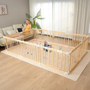 Playpen Large Foldable Play Pen for Toddlers 1-3,Easy Assemble Play Yard Wooden Baby Gates with Door,Expandable Play pens for Kids Safety Baby Playpen with Lock 67x101x24Inch(Foldable Connector) - Image 8