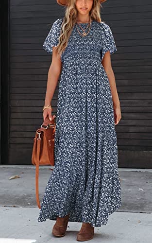PRETTYGARDEN Women's Summer Casual Flutter Short Sleeve Boho Floral Maxi Dress Crew Neck Smocked Tiered Long Dresses (Navy,Large) - Image 4