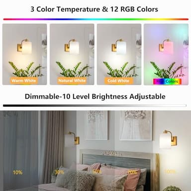 ZZ Joakoah Battery Operated Wall Sconce Set of 2, Dimmable with Remote Control, 15 Colors Indoor Wireless Wall Mounted Lamp with Rechargeable Bulb, Wall Lighting for Bedroom Living Room, Gold - Image 3