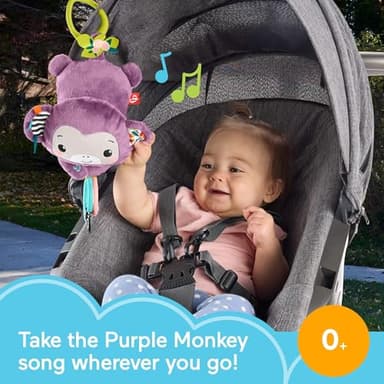 Fisher-Price Baby Stroller Toy Sing & Go Purple Monkey Musical Sensory Plush with Crinkle & Clackers for Newborns from Birth+ - Image 3