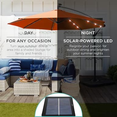 Best Choice Products 10ft Solar LED Offset Hanging Market Patio Umbrella for Backyard, Poolside, Lawn and Garden w/Easy Tilt Adjustment, Polyester Shade, 8 Ribs - Orange - Image 3