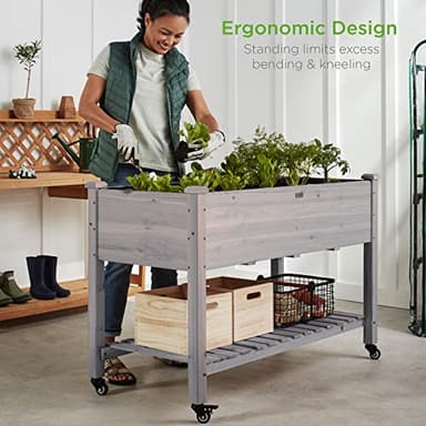 Best Choice Products Raised Garden Bed 48x24x32-inch Mobile Elevated Wood Planter w/Lockable Wheels, Storage Shelf, Protective Liner - Gray - Image 3