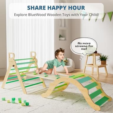 BlueWood Pikler Triangle Set, Toddler Wooden Climbing Toys Indoor 7in1 Foldable Climber for Kids, Montessori Philosophy Play Jungle Gym with Arch, Ramp, Ladder (Green Summer) - Image 6