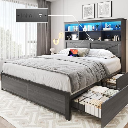 HISOFT Queen Bed Frame with Headboard, Queen Bed Frame with High Storage Bookcase, 4 Storage Drawers & LED & Charging Station,No Box Spring Needed/Noise Free/All-Metal Support, Grey - Image 1