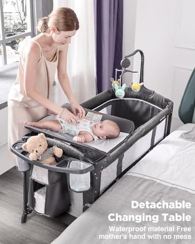 ADOVEL Baby Bassinet Bedside Crib, Pack and Play with Mattress, Diaper Changer and Playards from Newborn to Toddles, Grey - Image 2