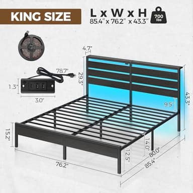Rolanstar Bed Frame King Size with USB Charging Station, LED Bed Frame with Wood Storage Headboard, Black Metal Platform Bed with Under Bed Storage, No Box Spring Needed, Noise Free - Image 2