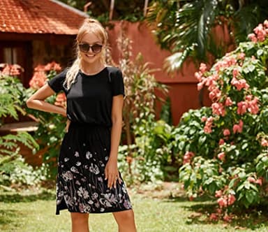 Women Summer Sleeve Pocket Work Casual Midi Knee Dress Floral Black XL - Image 4