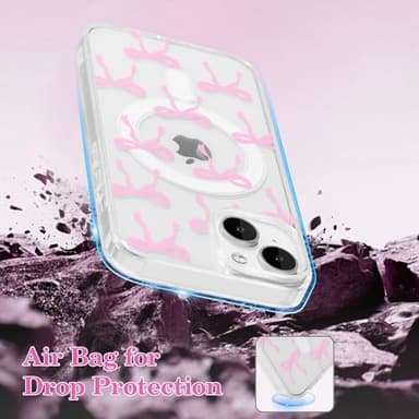 UEEBAI Magnetic for iPhone 14 & iPhone 13 Case, Bow Case Compatible with MagSafe, Wireless Slim Clear Ribbon Phone Cover Anti-Yellowing Shockproof Protective Cover for Women Girl - Pink - Image 6