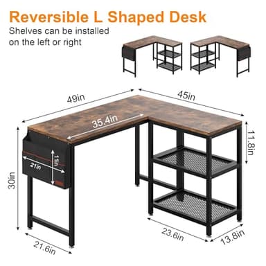 VECELO L Shaped Desk, 49 Inch Computer Gaming Study Writing Table, Home Office Workstation with Storage Shelves & Bag - Image 3