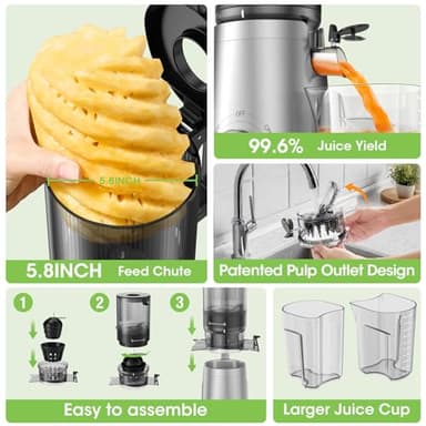SMALLHOO Juicer Machines, 5.8" Wide Feed Chute Cold Press Juicer for Whole Vegetables & Fruits, High Juice Yield, BPA Free (Slivery) - Image 7