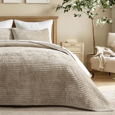 EVERGRACE Velvet Quilt Set King Size, Luxurious Soft Striped Channel Bedding Set, Lightweight Velvet Comforter for All Season, Oversized Bedspread Coverlet with 2 Matching Shams, Beige Taupe - Image 6