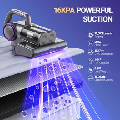 FEPPO Mattress Vacuum Cleaner, 16Kpa Bed Vacuum Cleaner with 253.7nm UV-C Light, 140°F Heat, HEPA Filter & Ultrasonic, Versatile Handheld Vacuums for Bed, Sofa, Couch, Crib(Corded, 500W) - Image 2