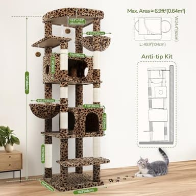 Globlazer Heavy Duty Cat Tree, 74inch Sturdy Cat Tower for Large Cats Adult, Big Cat Tree with 7 Sisal Scratching Posts, 2 Padded Cat Condos, 2 Hanging Baskets, Enlarged Top Perch, S74, Leopard Print - Image 6