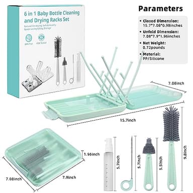 Maclined Travel Baby Bottle Drying Rack Set with Extendbale Protable Silicone Bottle Brush, Nipple Cleaner Brush,Straw Brush Compact Size Baby Essential for Newborn & Moms (Green) - Image 2