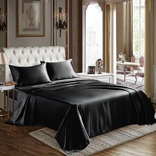 CozyLux Satin Sheets King Size - 4 Piece Black Bed Sheet Set with Silky Microfiber, 1 Deep Pocket Fitted Sheet, 1 Flat Sheet, and 2 Pillowcases - Smooth and Soft - Image 1