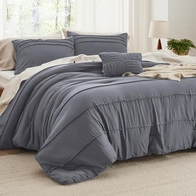 Bedsure Queen Comforter Set - 4 Pieces Pinch Pleat Bed Set, Dark Grey Boho Bedding for All Season, 1 Soft Comforter, 2 Pillowcases, 1 Decorative Pillow - Image 1