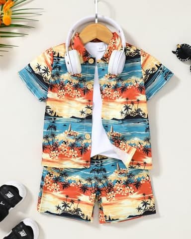 ZOEREA Toddler Baby Boy Clothes Hawaiian Outfit Shorts Sets Palm Printed Button Down Shirt and Shorts Summer Beach Clothes 2-3T - Image 8
