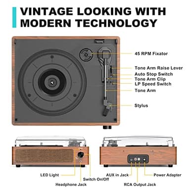 Vinyl Record Player with Speakers Vintage Turntable for Vinyls Records Belt-Driven Turntables 3-Speed Bluetooth Playback Headphone AUX RCA Line LP Vinyls Players for Sound Enjoyment Retro Brown - Image 2