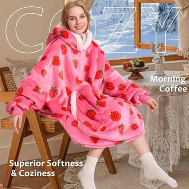 Kipswiza Strawberry Wearable Blanket Hoodie - Soft Cozy Sherpa Fleece Oversized Hooded Blankets Sweatshirt Birthday Gifts for Women Girls Mom Sisters - Image 6