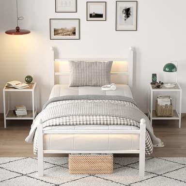 CollaredEagle Twin Bed Frame with Headboard and Footboard, Metal Bed Frame with Charging Station and LED Lights, Under Bed Storage, No Box Spring Needed,Noise Free,White - Image 3
