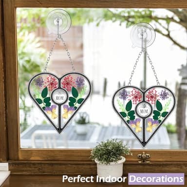 KY&BOSAM Heart Suncatcher Mom Stained Glass for Windows Hangings Wind Chimes with Pressed Flower Heart in Glass with Metal Trim Heart Charm Birthday Gifts for Women Mother`s Day Christams Home Decor - Image 6