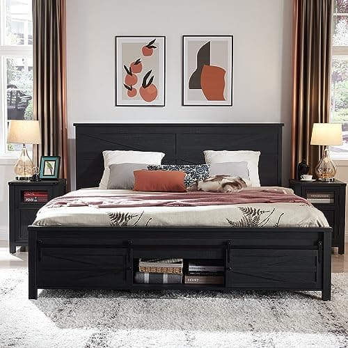 JXQTLINGMU Farmhouse Wood Bed Frame King Size with Sliding Barn Door Storage Cabinets and Headboard, Solid Wood Slats Support, Noiseless, No Box Spring Needed, Black - Image 1