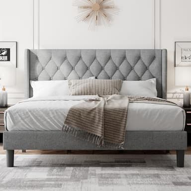 Feonase King Size Bed Frame with Wingback Tufted Headboard, Upholstered Platform Bed Frame with Heavy Duty Wooden Slats Support, Noise-Free, No Box Spring Needed, Easy Assembly, Light Grey - Image 7