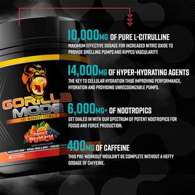 Gorilla Mind Pre Workout - Massive Pumps Laser Focus Energy Power - L-Citrulline, Creatine, L-Tyrosine, Betaine, Hydroprime, Alpha-GPC, 400mg Caffeine, Huperzine A 800g (BlackBerry Lemonade) - Image 5