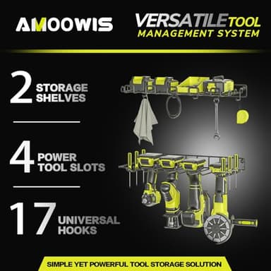 Amoowis Power Tool Organizer, Drill Holder Max 50lb load & Assembly-free by Heavy Duty Metal, 4 Slots 2 Shelves for Cordless Drill Organizer in Garage/Workshop/Pegboard/Shed Suitable for Father's Day - Image 4