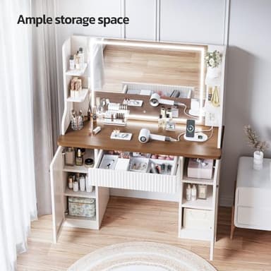 Makeup Vanity Desk with Mirror and Lights, Makeup Vanity Table with Power Outlet, Dressing Table with Storage, Adjustable Shelves, Touch Control – Elegant Retro Design, White Vanity Desk with Lights - Image 3