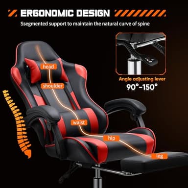 DUMOS Ergonomic Gaming Desk Chair - PU Leather Recliner with Footrest, Lumbar Support, Headrest, Fixed Armrests, Height Adjustable, 360° Swivel, Red, for Adults - Image 4