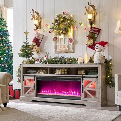 OKD 75" Fireplace TV Stand for 85" TV, 33" Tall Highboy Farmhouse Entertainment Center w/ 42'' Electric Fireplace, LED Light, Rustic Media Console w/Sliding Barn Door for Living Room, Light Rustic Oak - Image 1