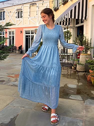 BTFBM Women Casual Long Sleeve Crew Neck Fall Dress Bohemian Relaxed Fit Floral Flowy Maxi Dresses Tiered Cocktail Dress(Floral Blue White,XX-Large) - Image 6