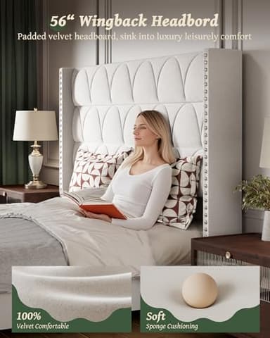 OHOHOLIVE King Size Bed Frame with 56" Headboard - 1000LBS Capacity Support, Velvet Upholstered Wingback Platform Bed Frame, Noise Free, Sturdy Wooden Slat Support - Image 5