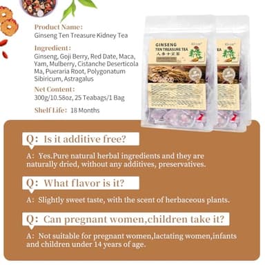 25Pcs Ginseng Ten Treasures Tea, Chinese Traditional Kidney Care Herbal Tea, Natural Kidney Cleanse Detox Tea for Women & Men, 10 Precious Ingredients Formula(25Bags, 300g) - Image 7