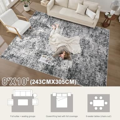 Area Rug Living Room Rugs - 8x10 Large Soft Indoor Neutral Modern Abstract Low Pile Washable Rug Carpet for Bedroom Dining Room Farmhouse Home Office - Grey - Image 3