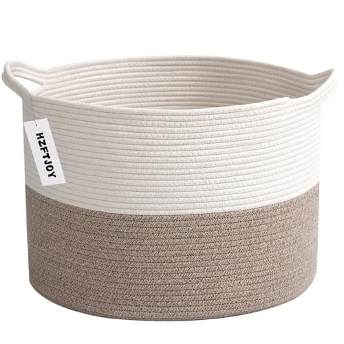 HZFTJOY Large Blanket Basket for Organizing,65L Closet Organizers and Storage Bins Box for Shelves Woven Rope Storage Baskets,Living Room,Bedroom,Dorm,Laundry room (White&Brown) - Image 1