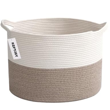 HZFTJOY Large Blanket Basket for Organizing,65L Closet Organizers and Storage Bins Box for Shelves Woven Rope Storage Baskets,Living Room,Bedroom,Dorm,Laundry room (White&Brown) - Image 1