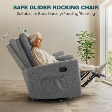 SMUG Swivel Rocking Recliner Chair with Extra Large Footrest High Back, Upholstered Glider Nursery Chair for Living Room, Bedroom & Nursery, Comfortable Deep Seat for Relaxation, Grey - Image 6